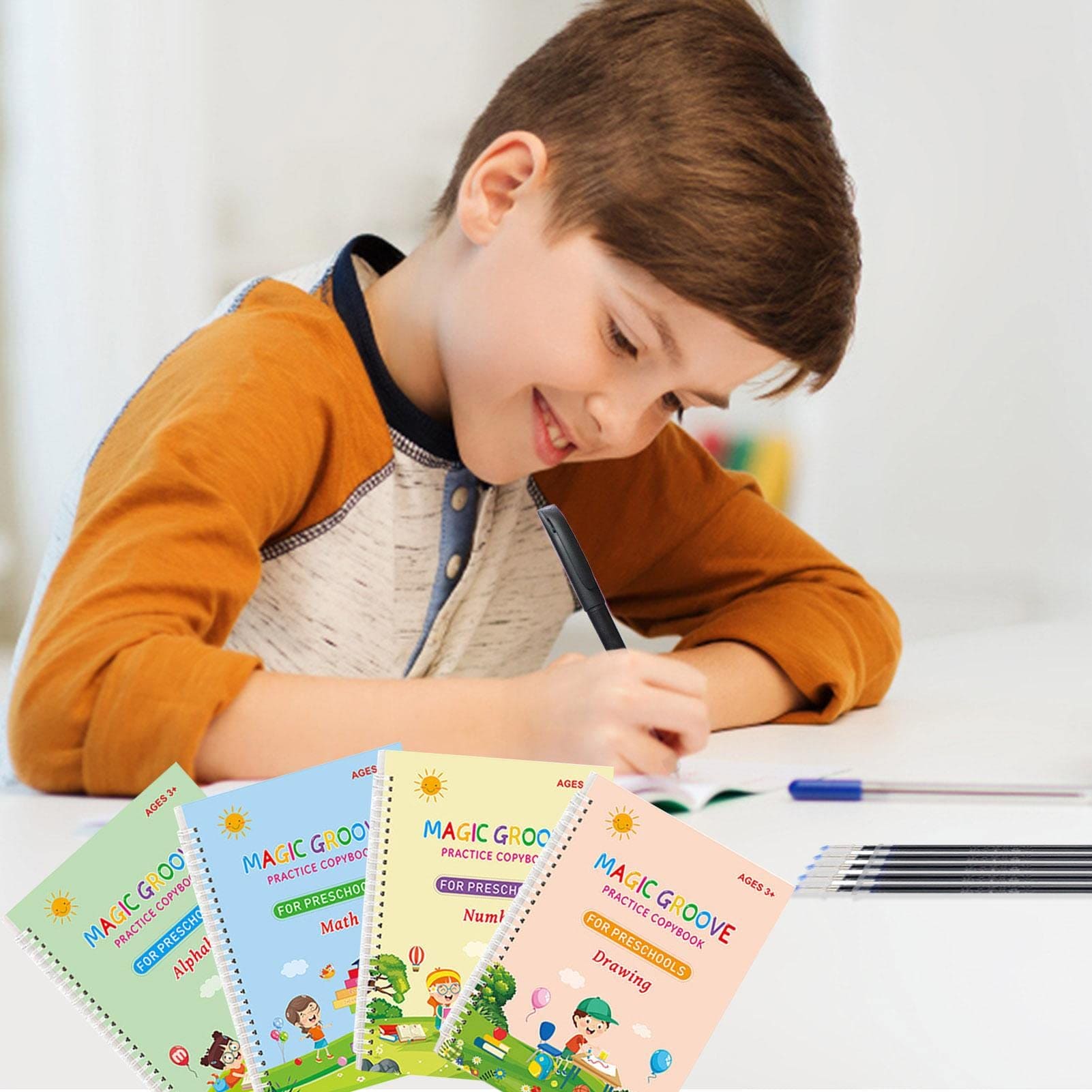 Set of 4 Child Learning Book, Writing Practice Copy Books, Magic Practice Copy Book For Kids, Handwriting Copy Book Set With Magic Pen, Children Reusable Workbook, Tracing Workbook with Pens Set of 4 Child Learning Book, Writing Practice Copy Books, Magic Practice Copy Book For Kids, Handwriting Copy Book Set With Magic Pen, Children Reusable Workbook, Tracing Workbook with Pens